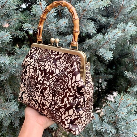 Handmade Real hair-on-horsehide Black Lace Printed Metal Frame Bamboo Handle Bag - Picture 7 of 16